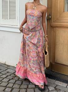 Sunnyshic 2 件花卉印花抹胸上衣，交叉肩带和不对称下摆，高腰层叠荷叶边半身裙，波西米亚海滩优雅派对休闲装，适合女士，春夏 - 粉色 - 查看 4