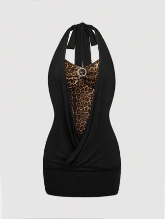 Grunge Punk Y2K-Stil leopardenprint drapiertes Minikleid mit trägerlossem Rückenausschnitt und Neckholder