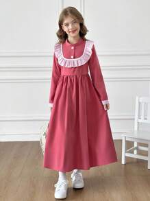 SHEIN Tween Girls Casual Everyday Striped Ruffle Hem Long Sleeve Dress Fall Winter - Pink - View 5