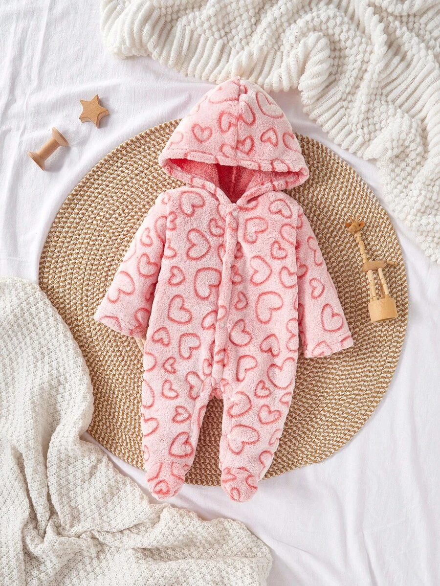 Bộ đồ liền thân họa tiết trái tim bằng lông cừu cho bé gái sơ sinh, đồ mặc ở nhà thường ngày - Hồng - Xem 1