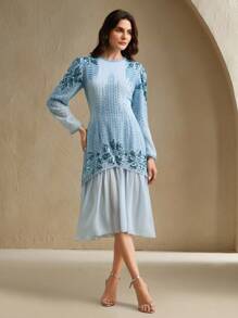 Anewsta 女式新款时尚长袖亮片拼接优雅派对连衣裙 - 淺藍色 - 查看 4