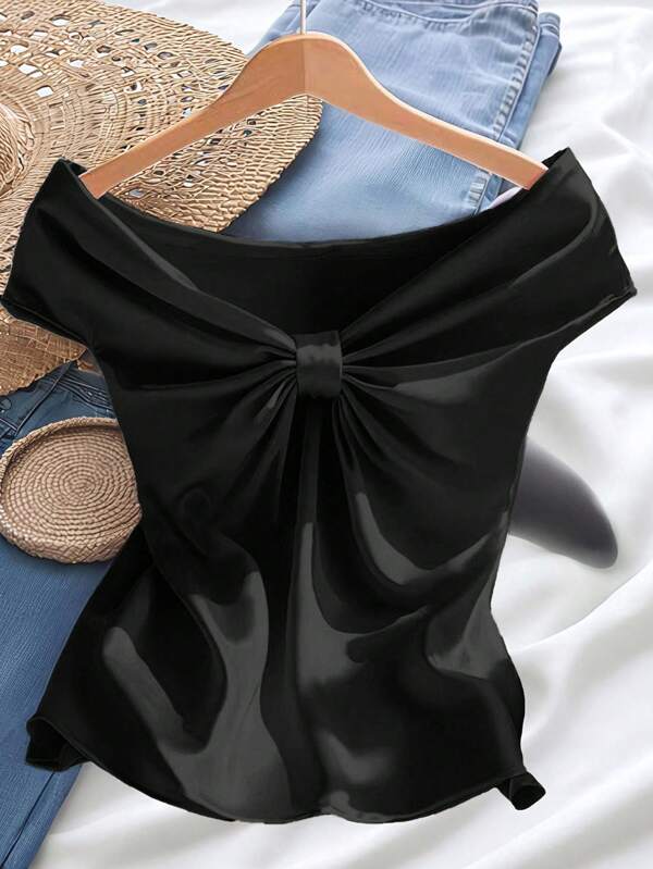SHEIN Clasi Plus Size Knitted Bowknot Pleated Decor Off Shoulder Elastic Waist Fitted Short Sleeve Top