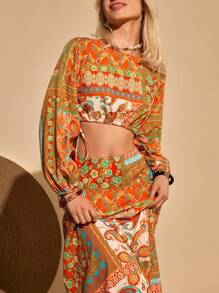 Bóhologie Koszula z długim rękawem i spodnie z nadrukiem retro, zestaw damski, 2 części, koszule i spódnica, zestaw w stylu boho z nadrukiem retro, elegancki, zestawy damskie, zestaw, stroje świąteczne, stroje świąteczne dla kobiet, strój na lotnisko dla kobiet, jesienne stroje damskie - Wielokolorowe - Zobacz 5