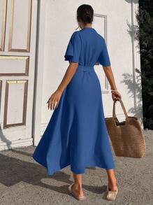 EURMUSE Ruffle Sleeve Crew-Neck Buttoned Maxi Dress With Shell Belt - Blue - View 2