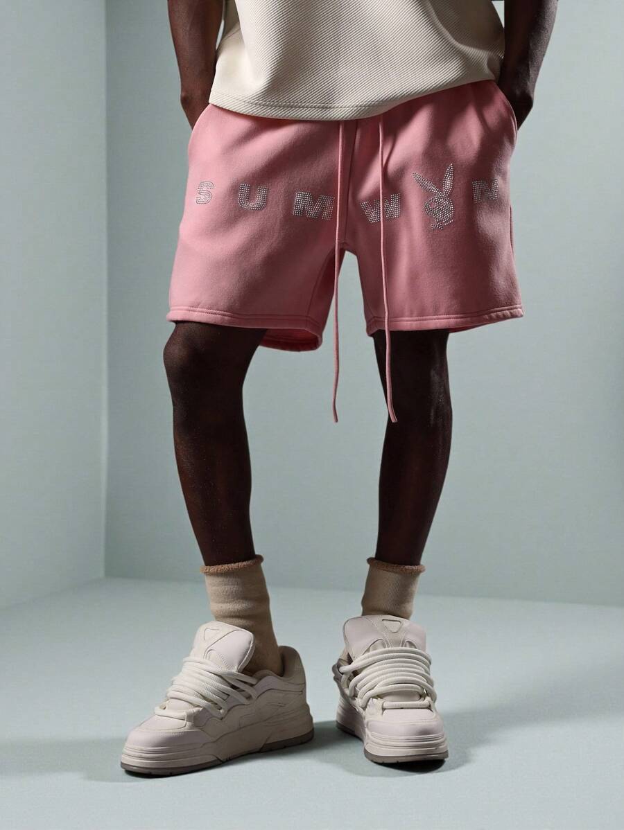 PLAYBOY X SUMWON Summer Festival Drawstring Loungewear Shorts Streetwear Rhinestone Graphics Casual Comfort Urban Style - Pink - View 1