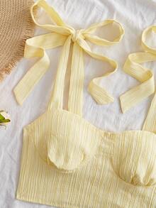 SHEIN VCAY 梭织纯色短款修身女式吊带背心 春季女士街头时尚休闲度假夏季度假上衣 - 黃色 - 查看 4