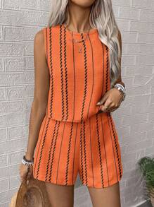 SHEIN PETITE 女士梭织休闲度假无袖两件套 - 橘色 - 查看 1