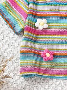 Young Girl Colorful Crocheted Striped 3D Floral Top And Pink Ribbed Flare Pants Set - Pink - View 7