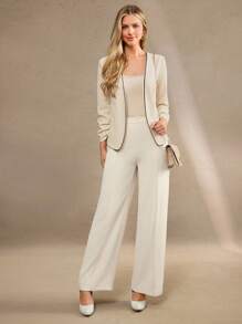 Amorya 女士时尚优雅杏色前开褶皱九分袖薄款外套，秋冬优雅显瘦 - 彩色 - 查看 4