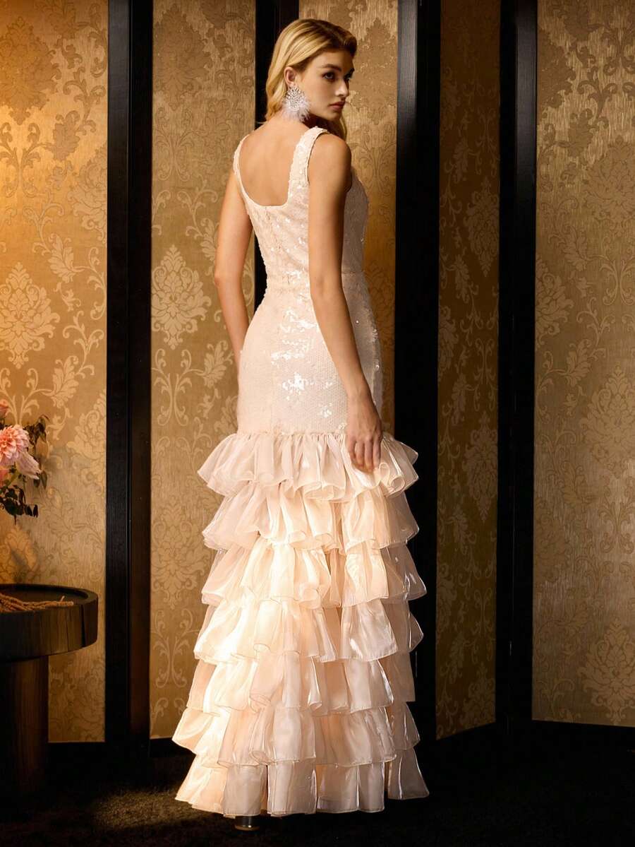 MOTF Soiréza 女士圆领无袖亮片晚礼服，带有不对称荷叶边下摆和引人注目的鱼尾轮廓 - 非常适合红毯盛典、婚礼宾客礼服、正式宴会、歌剧表演、正式晚宴 - 香檳色 - 查看 1