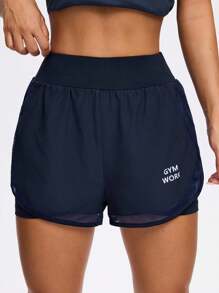 SHEIN Sports Letter Print High Waist Casual Sport Athletic Shorts - Navy Blue - View 4