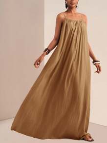 Zivah 2025夏季新款音乐节,复活节,圣帕特里克节,西部风,游牧风,生日派对,毕业季,学生装,日常休闲,百搭百搭,休闲,邮轮旅行,沙滩,沐浴阳光,网红热卖款女士可调节肩带连衣裙,竖纹,宽松版型,卡其色 - 棕色 - 查看 7