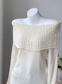 Comfortcana Women's Elegant Off-White Off Shoulder Casual Sweater,Autumn Y2k Vintage Solid Color Tops,School Back-To-School Teacher Streetwear,Fall - Apricot - View 6