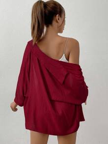 SHEIN EZwear Spring White Solid Batwing Sleeve Shirt - Burgundy - View 2