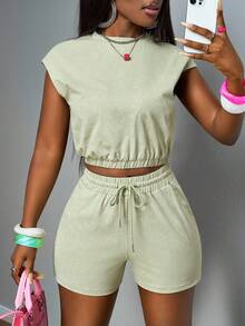 Slaydiva 2025 Summer Fashion Casual Street Light Camouflage Print Fabric V-Neck Loose T-Shirt + High Waist Slim Hiking Shorts, Suitable For Daily Travel, Music Festivals, Easter, Graduation Season, Fitness, Parties 2 Pieces Lounge Set Women Summer Outfits - Green - View 6