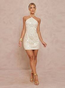 Lumalex 全白派对套装 女士 秋季 低调 复古 闪亮 假日派对 感恩节 派对 狂欢节 外出 游泳 度假 波西米亚风 海滩 户外 层次丰富 婚礼季 宴会 成人礼 海滩 海边 女士花卉亮片装饰露背迷你派对连衣裙,时尚白金连衣裙 闪亮白连衣裙 白色蕾丝连衣裙 露背连衣裙 招待会礼服 - 杏色 - 查看 4