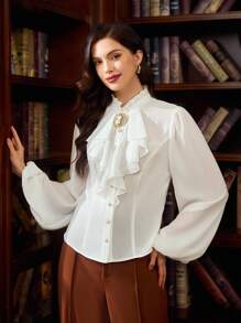 Vintamour 大码复古经典优雅女士衬衫，修身荷叶边领口和下摆长袖衬衫，白色纽扣衬衫，优雅灯笼袖衬衫，办公室衬衫，泡泡袖衬衫，白色优雅上衣，春季女装上衣 - 米色 - 查看 8