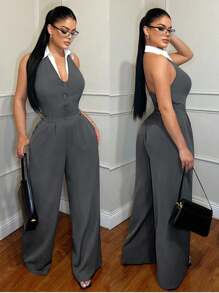 SHEIN SXY Women's Grey Chic Summer Minimalist Professional Collared Jumpsuit,Backless Wide Leg Office Business Formal Wear,Halter Jumpsuit - Grey - View 1