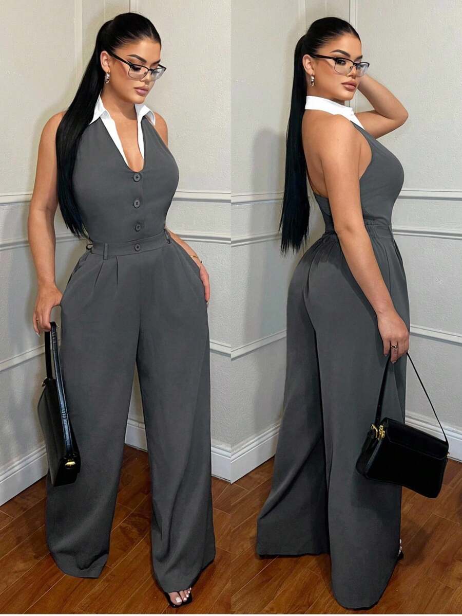SHEIN SXY Women's Grey Chic Summer Minimalist Professional Collared Jumpsuit,Backless Wide Leg Office Business Formal Wear,Halter Jumpsuit - Grey - View 1