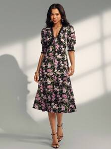 Almamuse Women's Elegant Lace Patchwork Ditsy Floral V-Neck Dress Summer Dress - Black - View 5