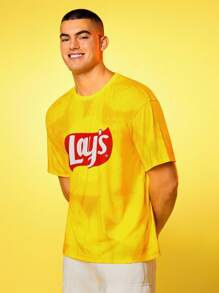 Lay's X SHEIN 男士休闲字母图案圆领短袖T恤，夏季 - 黃色 - 查看 5