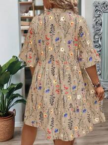 EMERY ROSE Plus Size Women Summer Branch Floral V-Neck Ruffles Hem Loose Shift Dress - Khaki - View 2