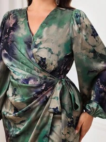 SHEIN Tall CURVE 加大码 V 领长袖全身印花腰带修身优雅迷人连衣裙长款晚礼服 - 綠色 - 查看 7