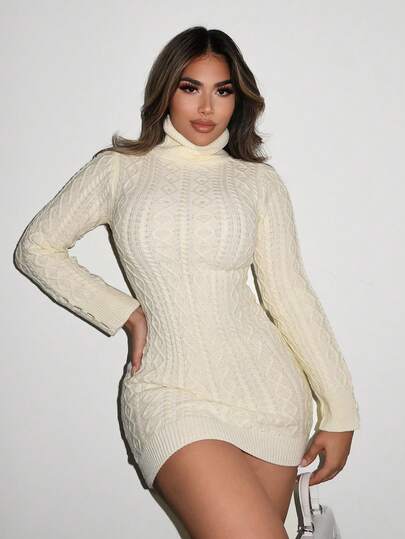 Zolique Women's Sweater Dress Cream Winter Elegant Date Night Out Knitting Long Sleeve High Collar Fried Dough Twists Slim Party Fall Clothing