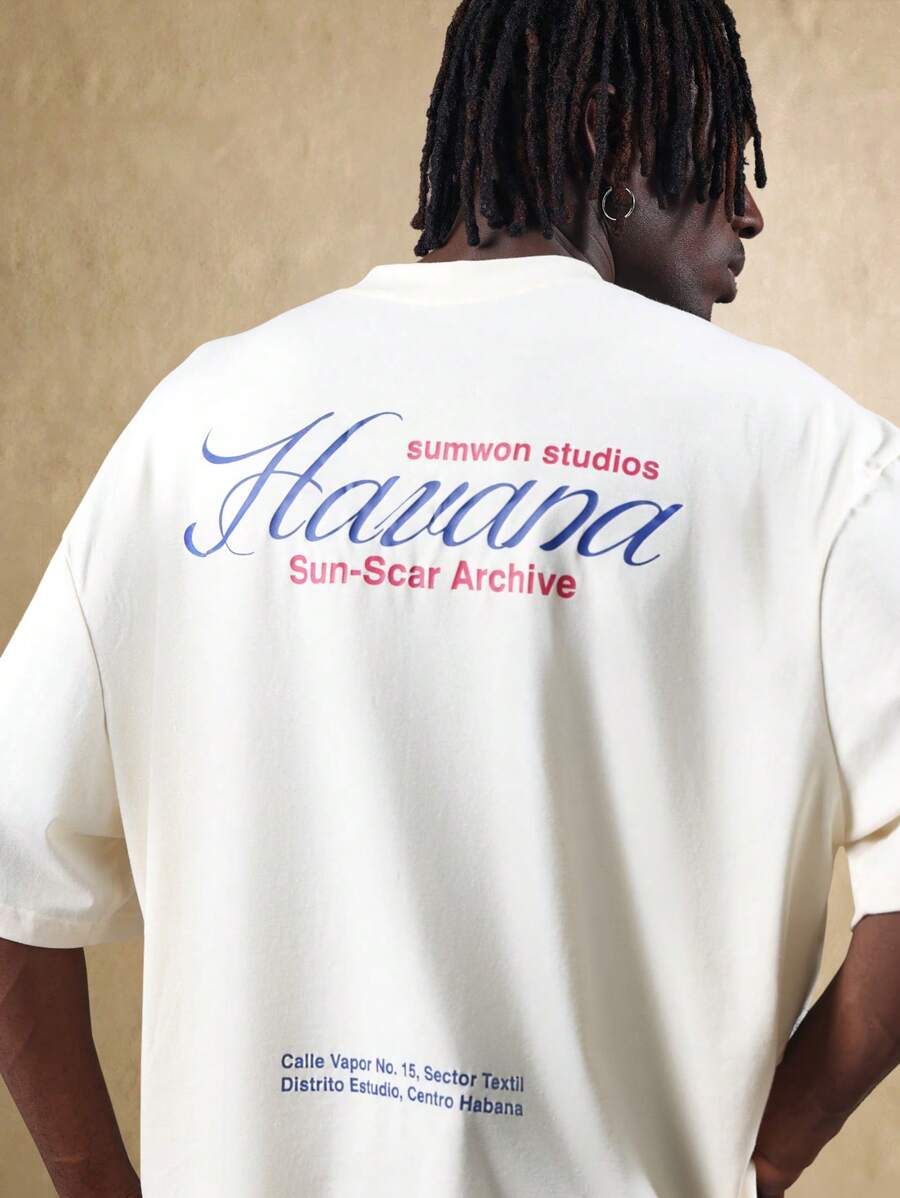 SUMWON Sommer Streetwear Boxige Passform Grafik T-Shirt Havana Archive Studio Collection Urbaner Lässig Kubanischer Stil Unisex Baumwolle Jersey Klassisch Locker Geschnittenes Top Festival Essentiell - Aprikosenfarben - Übersicht 1