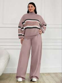 EURMUSE Women's Geometric Pattern High Neck Sweater 2pcs/Set - Dusty Pink - View 5