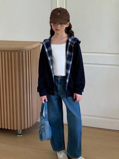 青少年女孩休闲连帽运动衫夹克、拼布格子、校服、通勤和日常穿着