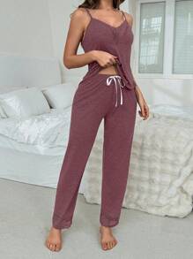SHEIN Set Piyama Kasual Wanita Lembut dan Nyaman dengan Hiasan Renda, Pakaian - Redwood - View 3