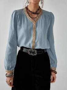 Florisole Boho V-Neck Button-Front Long Sleeve Tie Waist Shirt Casual Spring Fall For Women - Blue - View 1