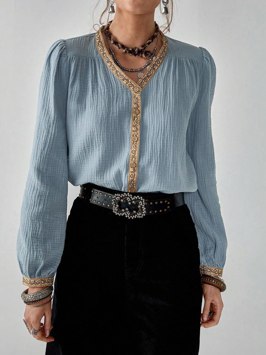 Florisole Boho V-Neck Button-Front Long Sleeve Tie Waist Shirt Casual Spring Fall For Women - Blue - View 1