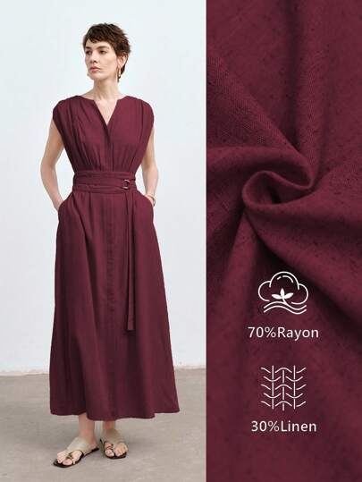 Aalyst Vestido de lino de corte relajado de unicolor de alta calidad para mujer, escote en V sin mangas con cordón y cintura con hebilla en D, bolsillos, longitud midi, adecuado para vacaciones y uso diario, primavera/verano