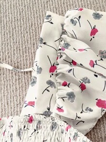 SHEIN LUNE 加大码女式碎花印花方领荷叶边松紧腰吊带背心 - 杏色 - 查看 3