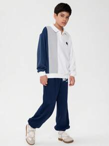 SHEIN 1pc Boys' Navy And White Casual Loose Fit Polo Collar Long Sleeve Sweatshirt,Embroidered Pattern,Contrast Color Patchwork,School,Back-To-School,Autumn - Multicolor - View 6