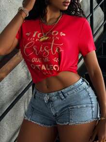 INAWLY Camiseta de mujer de manga corta con estampado de estilo callejero y cuello redondo - Rojo - Ver 4