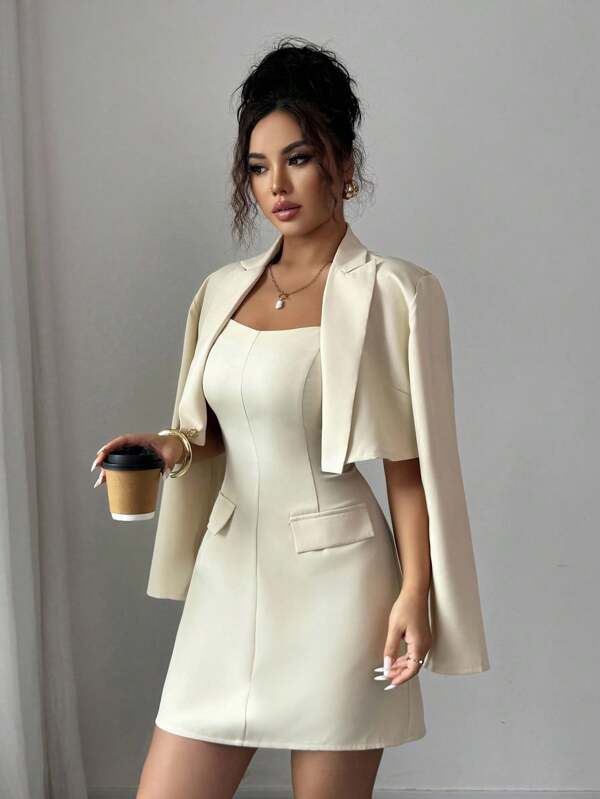 Elenzga 2 pezzi set da donna con blazer cachi e abito con spalline, completo elegante casual, adatto per appuntamenti, pendolarismo, eventi di moda in autunno e primavera