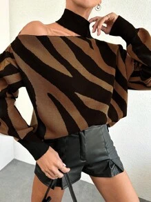 EURMUSE Suéter feminino listrado com gola assimétrica e bloco de cores - Castanho - Ver 4