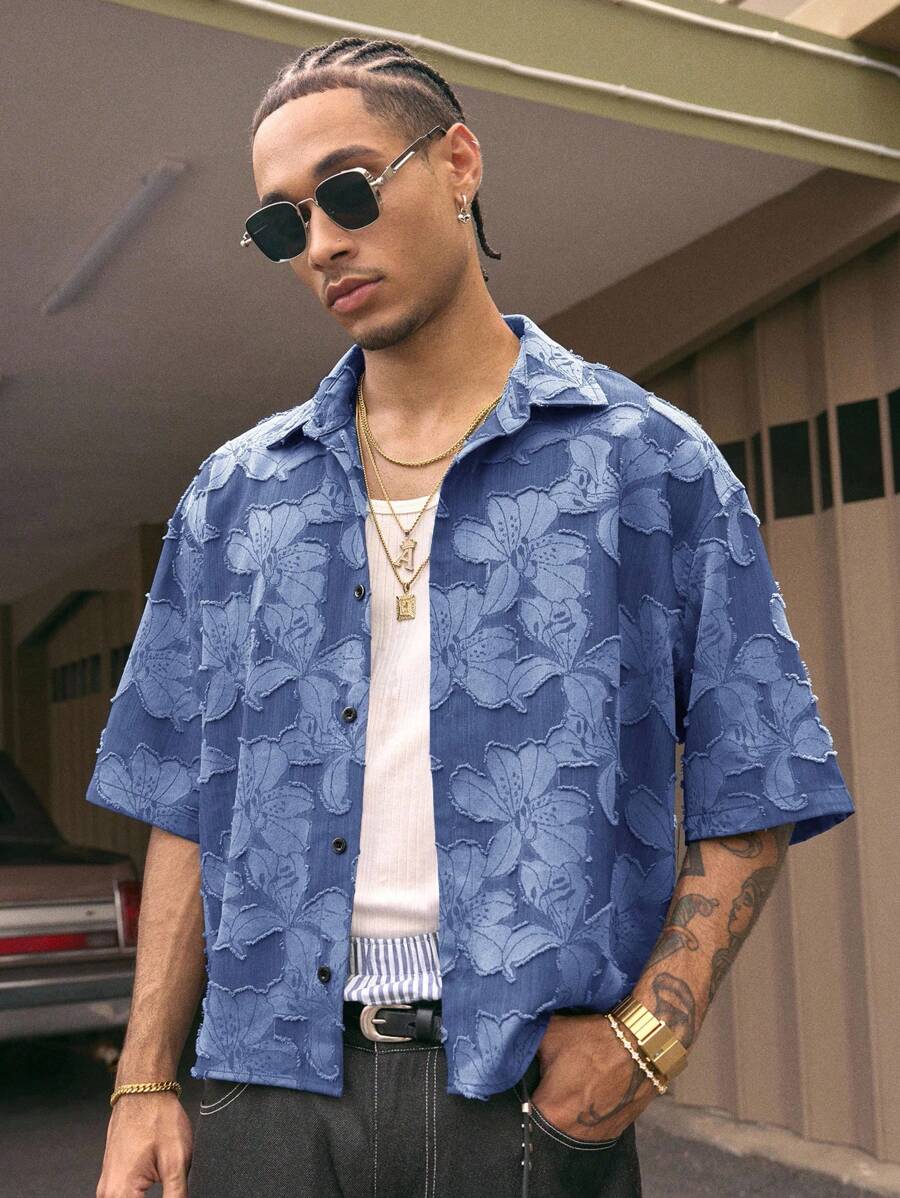 AXEPEAK 多尺寸时尚街头休闲翻领短袖宽松男式蓝色衬衫 - 藍色 - 查看 1