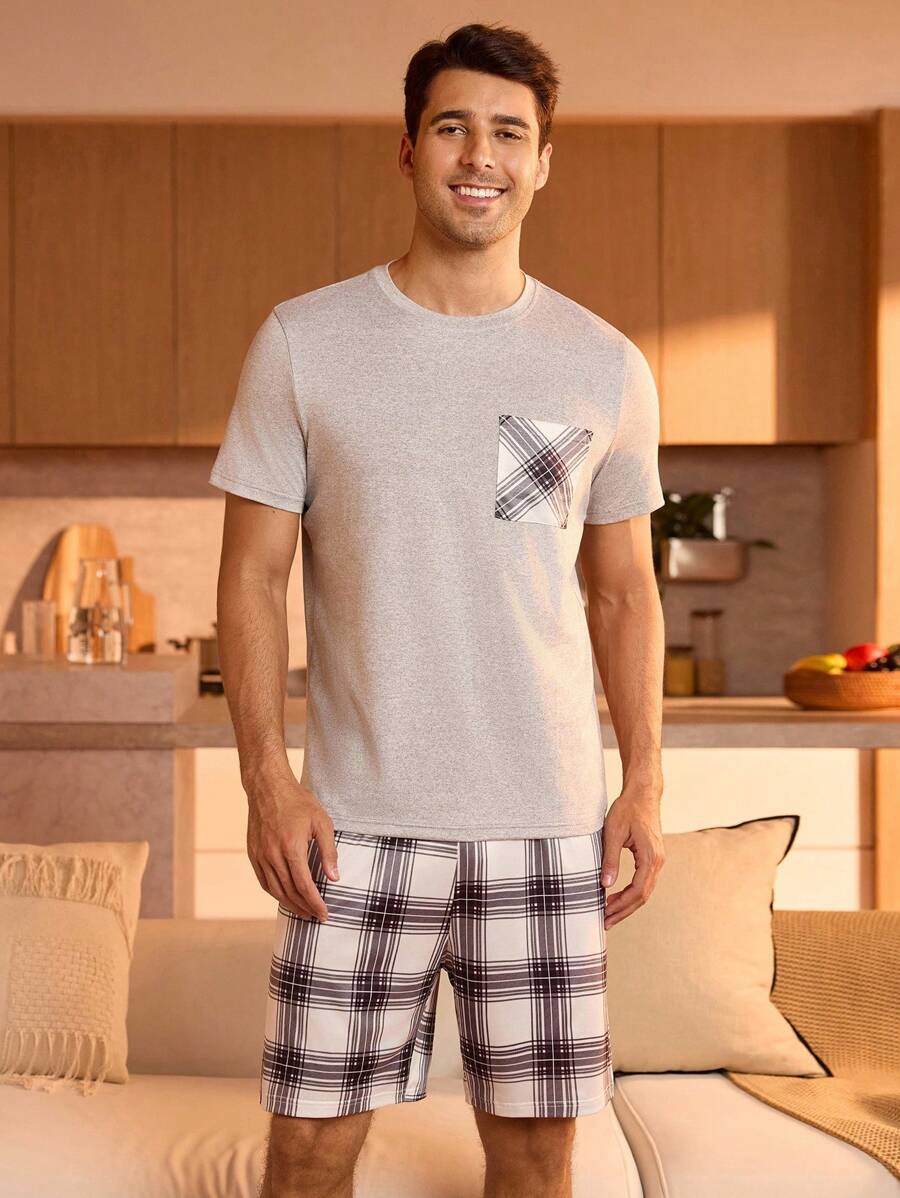 Manfinity Underwear&Sleepwear Basics Men's Summer Casual Plaid Patchwork Pocket Short Sleeve Top And Shorts Loungewear Set