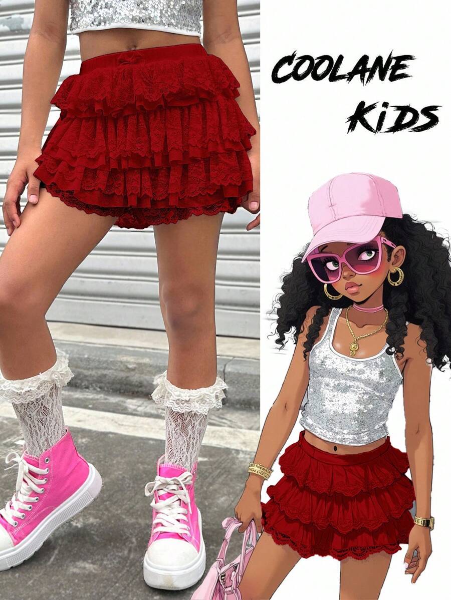 Coolane 青少年女孩春夏/可爱/街头风格蕾丝弹力撞色蕾丝白色短裤 - 紅色 - 查看 1