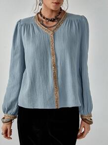 Florisole Boho V-Neck Button-Front Long Sleeve Tie Waist Shirt Casual Spring Fall For Women - Blue - View 6