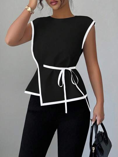 Elenzga Women's Elegant Commuter Cinched Waist Contrast Color Blouse