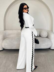 SHEIN SXY 大码女式新款黑色蕾丝丝带装饰白色短款西装套装，秋冬 - 白色 - 查看 2