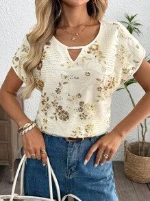 SHEIN LUNE Women's White Floral Sequin Embroidery Patchwork V-Neck Loose Fit Blouse,Elegant Summer Wedding Guest Tops,Fairycore Short Sleeve Shirt,Rave - Apricot - View 4