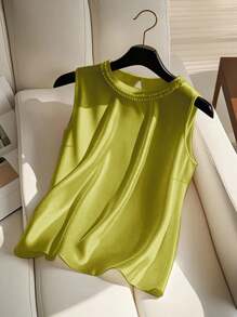 Franclia Women's Casual Solid Sleeveless Top, Minimalist Style For Daily Wear Clothes For University - Olive Green - View 6