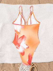 SHEIN Swim Women's Sexy One-Piece Floral Swimsuit With Cutout Back, Summer Bikini - Orange - View 8