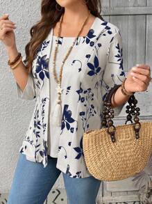 EMERY ROSE Sommer Damen Blumenblatt bedruckt Patchwork 2 in 1 T-Shirt Grafik Tees Damen Tops - Weiss - Übersicht 3